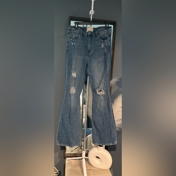 Altar'd State Blue Flare Denim with Vintage Distressing - Picture 3 of 7